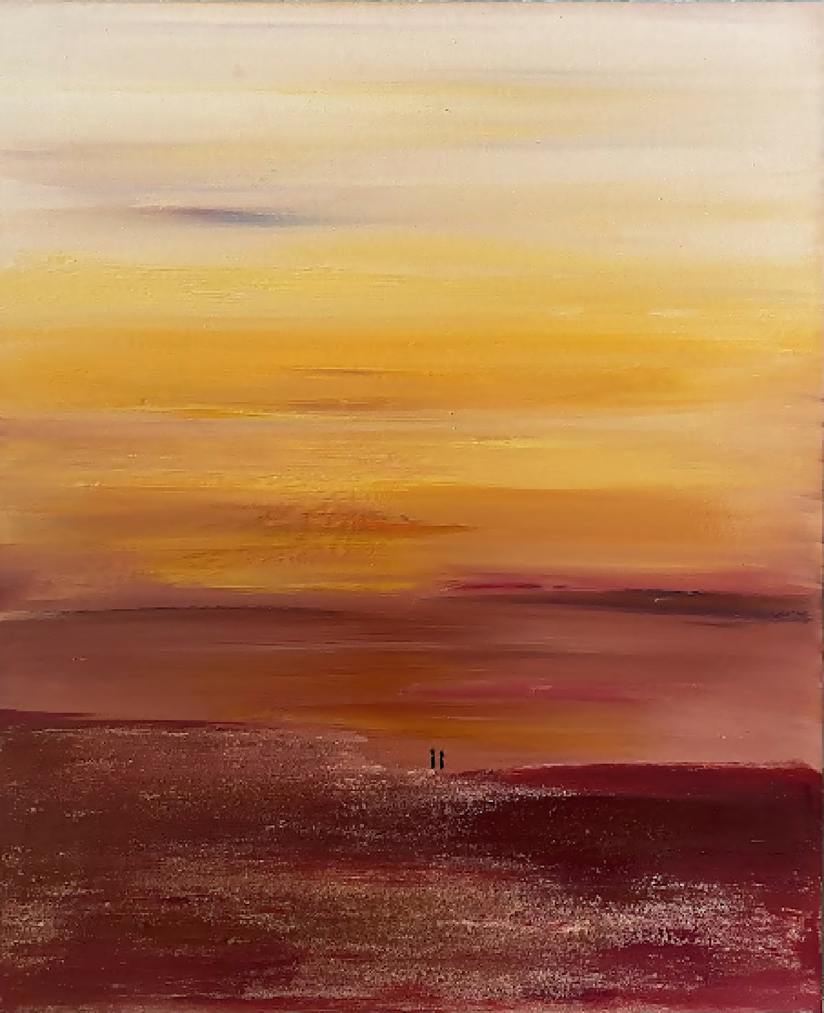 Tableau abstrait coucher de soleil en gros plan, coups de pinceau orange et bordeaux.
