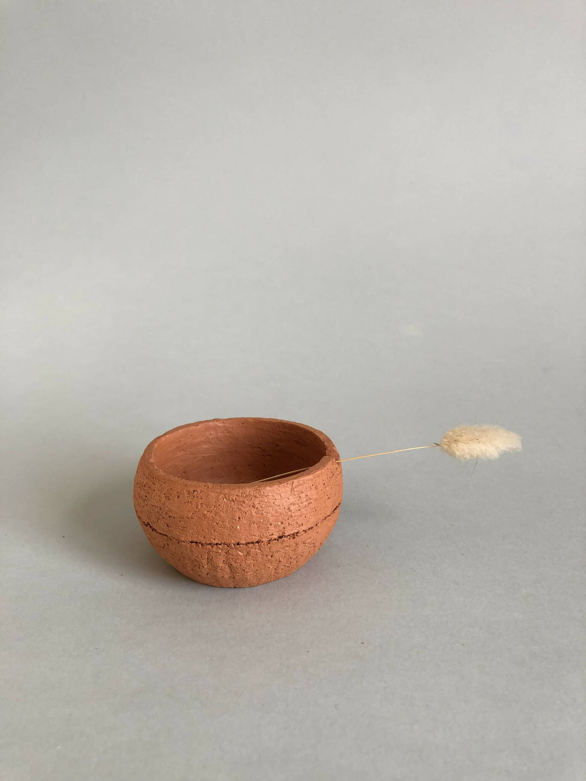 Petit pot en argile terracotta, ouverture ronde avec petit brin accroché