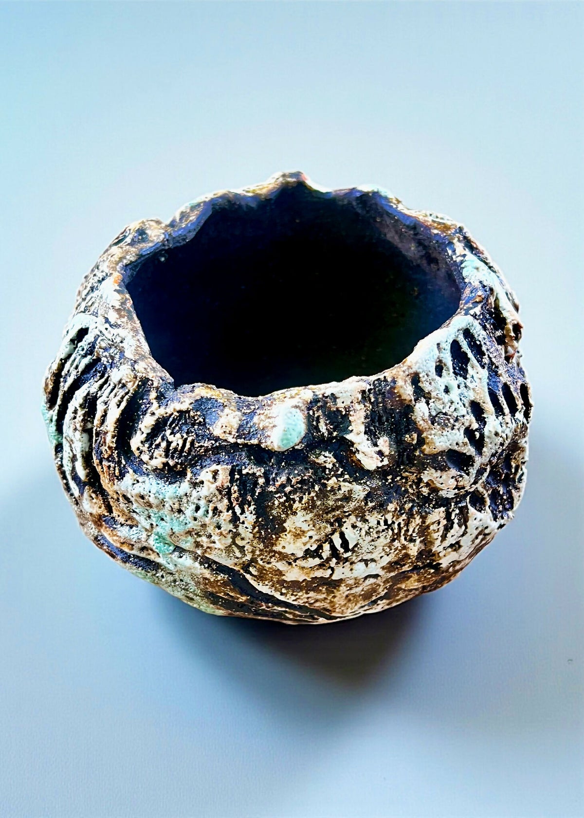 Pot à caudex en grès noir COLIMA, intérieur sombre, bord texturé avec touches turquoise.