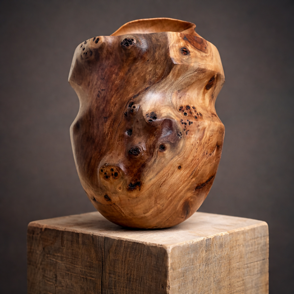 Vase en bois sculpté couleur miel, taches sombres et veinures, bord légèrement évasé.