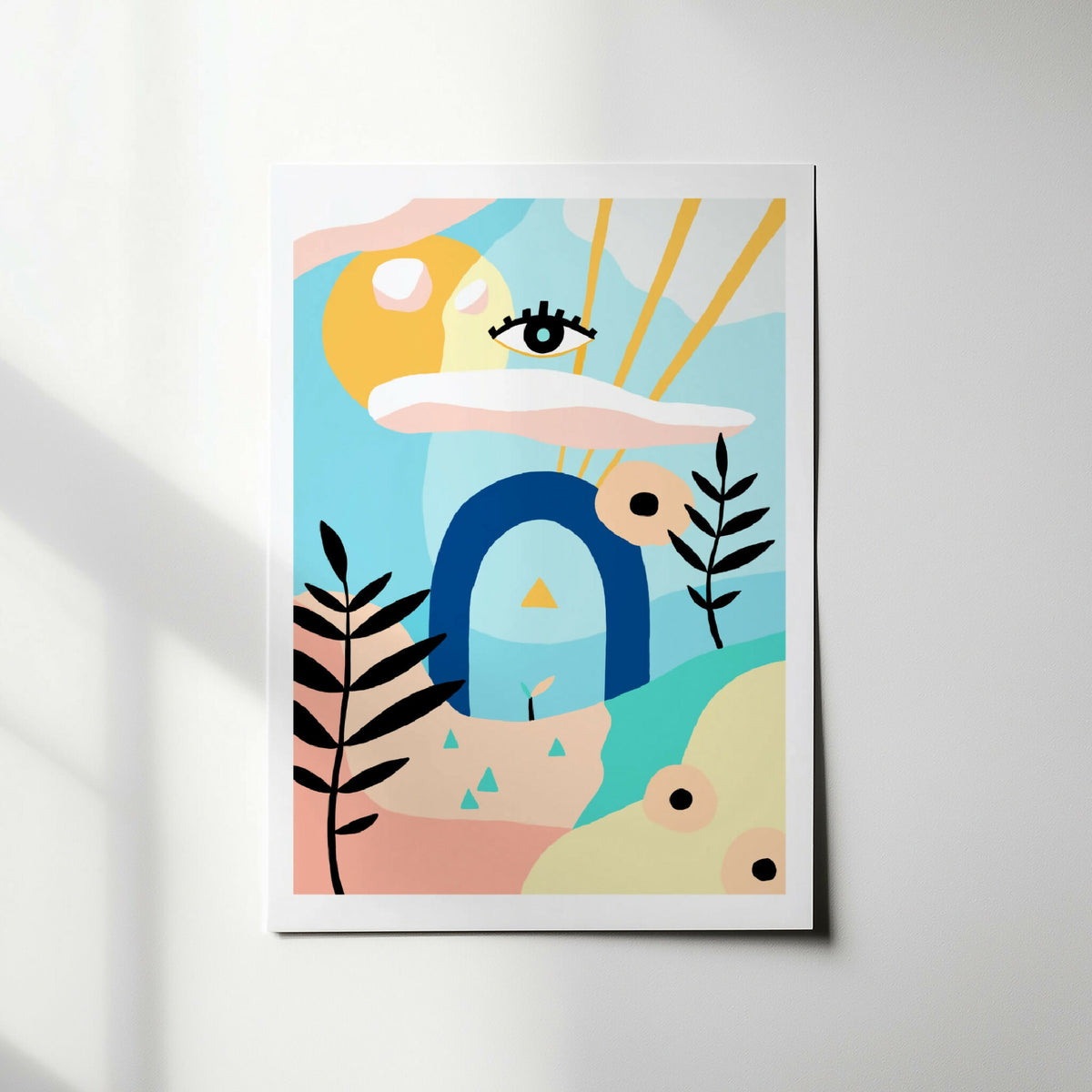 Impression artistique rectangulaire encadrée, œil et formes végétales aux tons pastel.