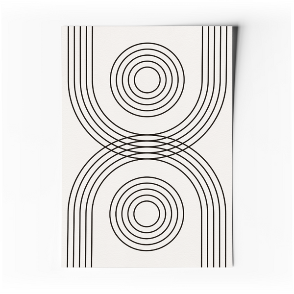 Affiche abstraite minimaliste: lignes noires courbes et cercles concentriques sur fond clair