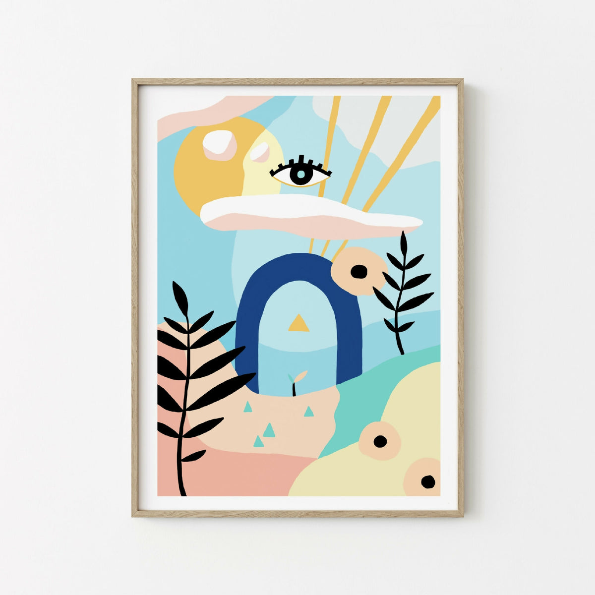 Illustration artistique encadrée, visages abstraits et formes colorées sur fond pastel.