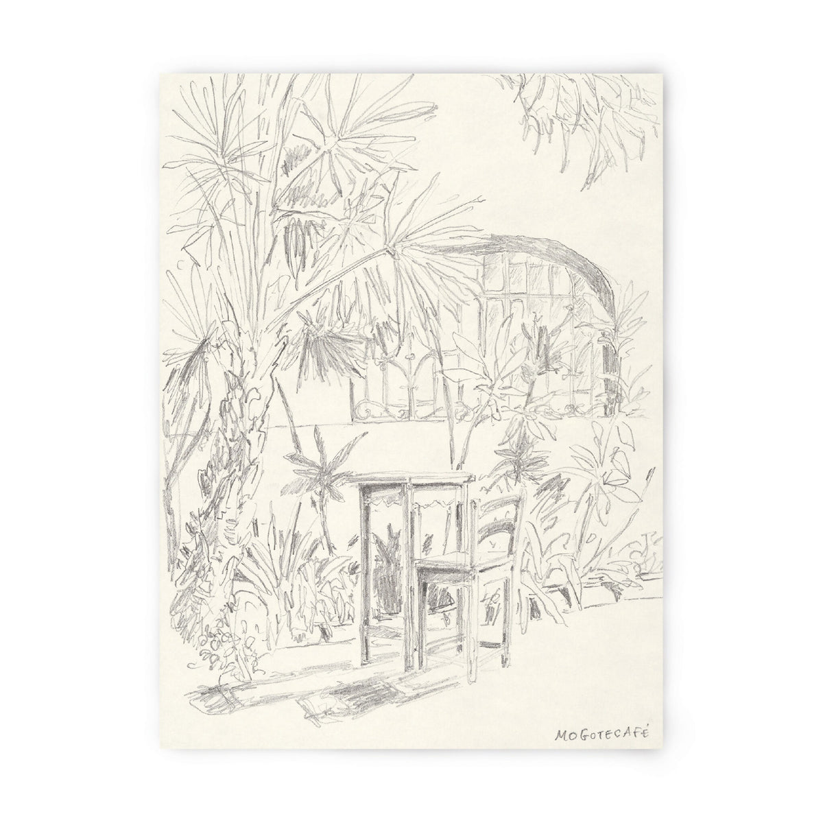 Tirage d’art numéroté et signé, dessin au trait d’une maison sous palmiers