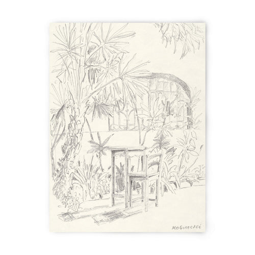 Tirage d’art numéroté et signé, dessin au trait d’une maison sous palmiers