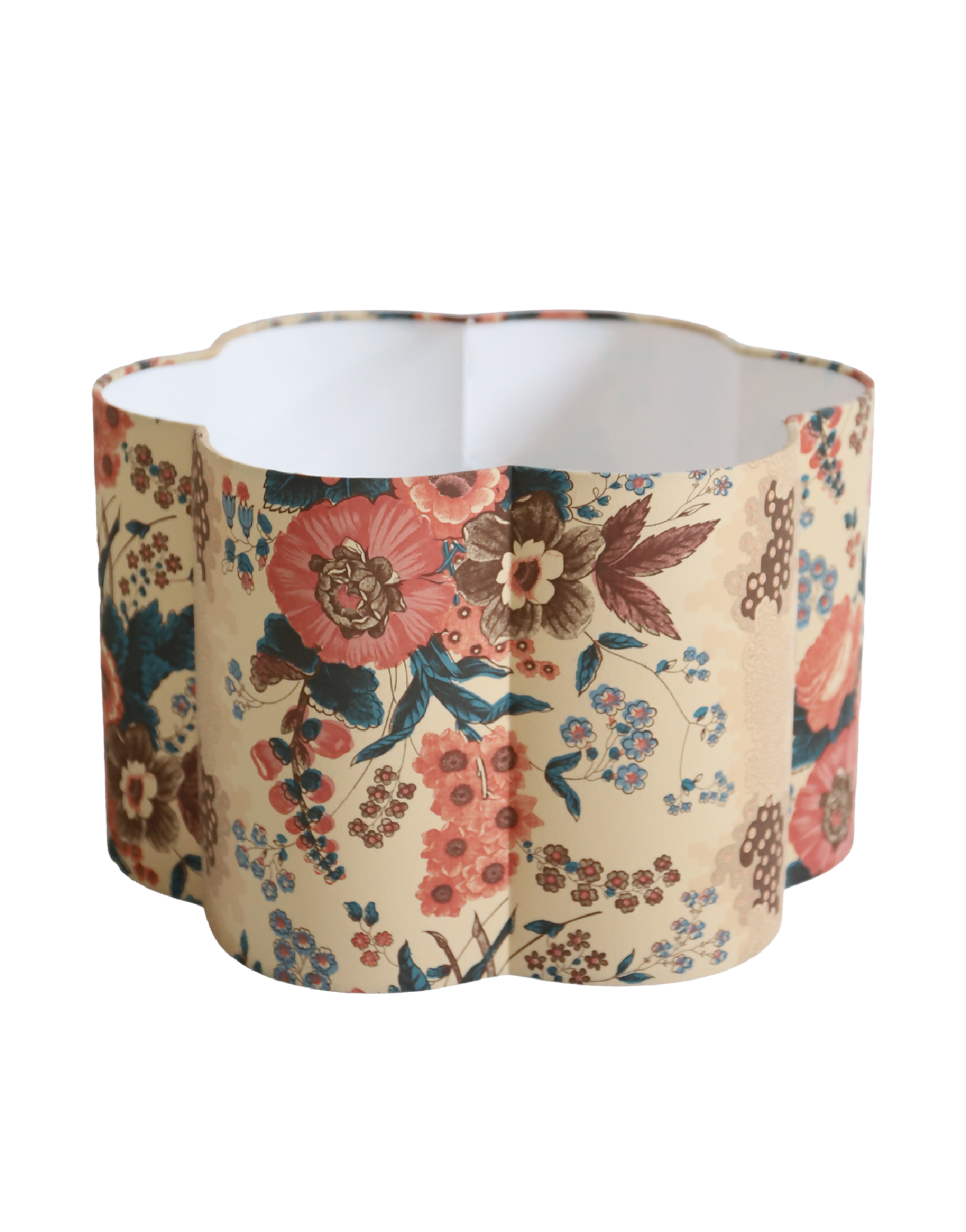 Suspension abat-jour forme fleur, tissu beige à grandes fleurs rose et brun