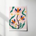 Illustration encadrée verticale de fleurs abstraites vert, bleu et orange sur fond clair