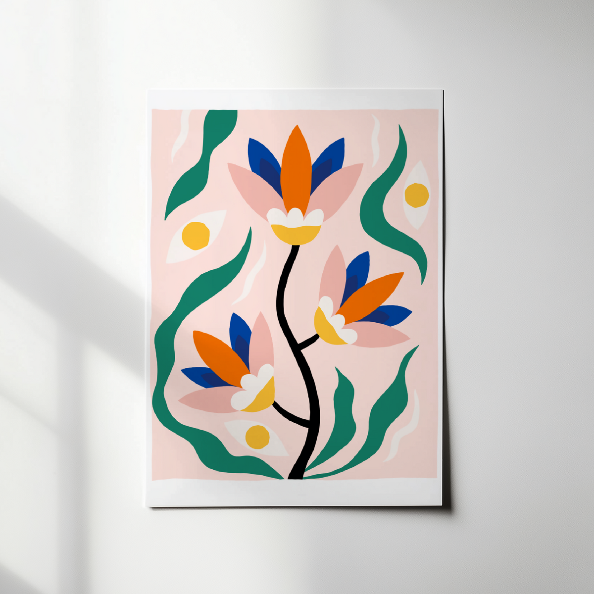 Illustration encadrée verticale de fleurs abstraites vert, bleu et orange sur fond clair