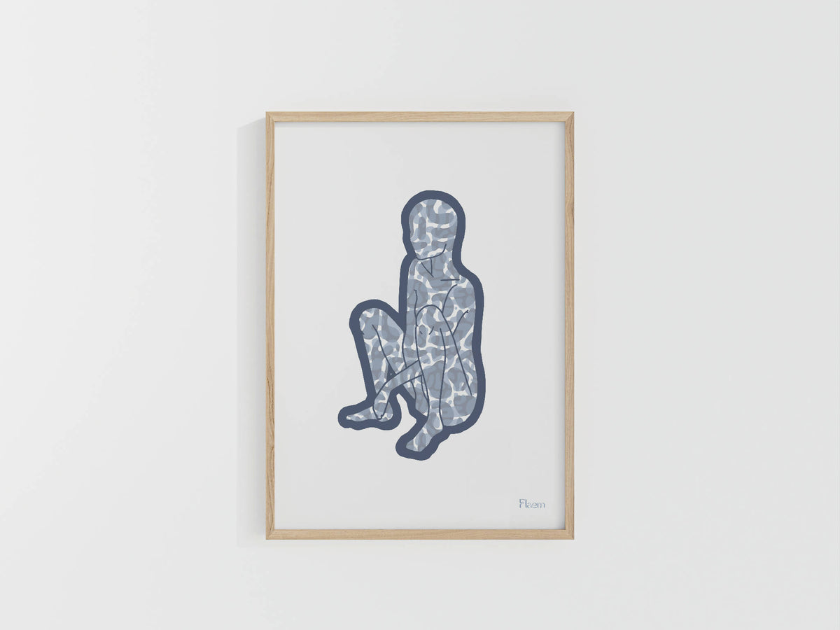 Tirage d’art A4 encadré, silhouette abstraite bleue sur fond clair