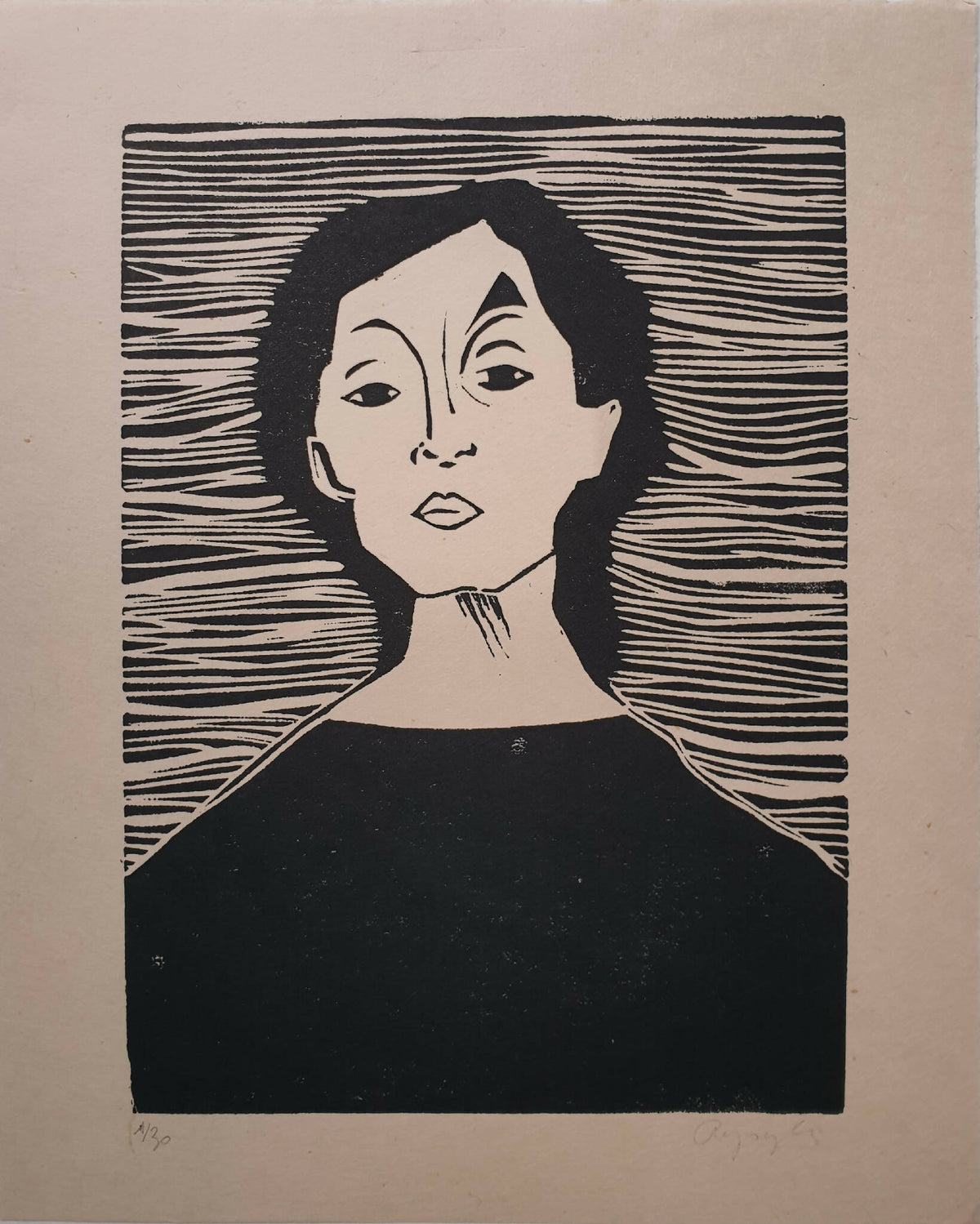 Affiche encadrée portrait de femme noir et crème, lignes gravées horizontales