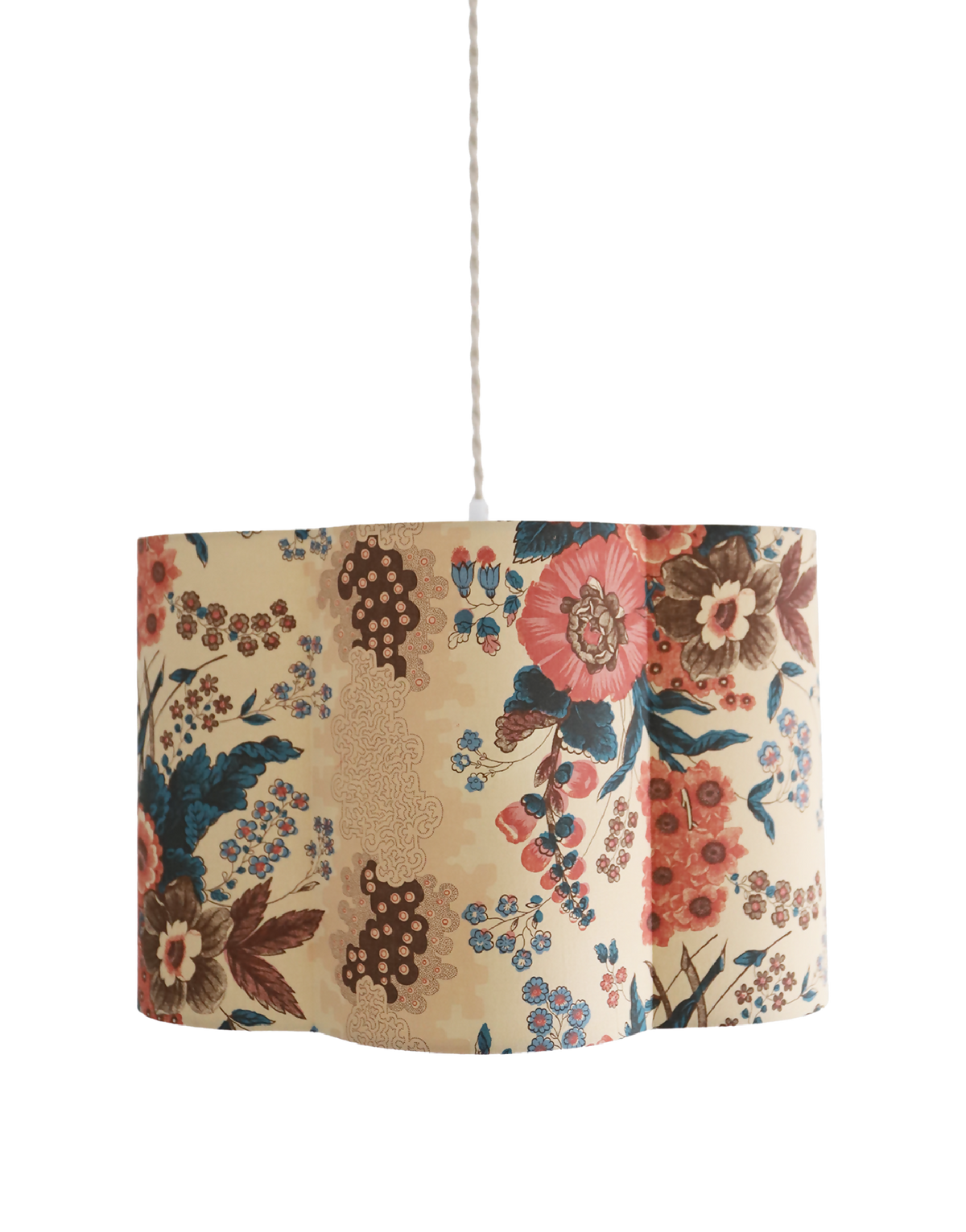 Suspension abat-jour forme fleur en tissu beige à motifs floraux multicolores