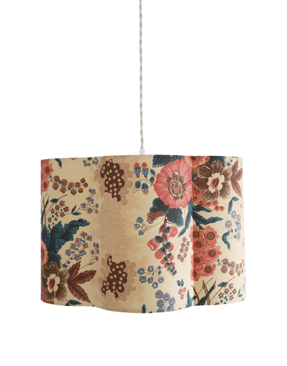 Suspension abat-jour forme fleur en tissu beige à motifs floraux multicolores
