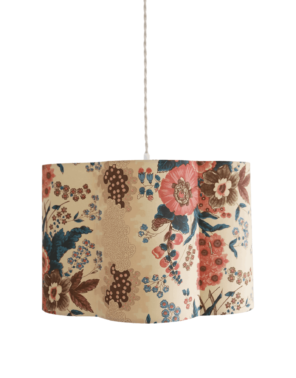 Suspension abat-jour forme fleur en tissu beige à motifs floraux multicolores
