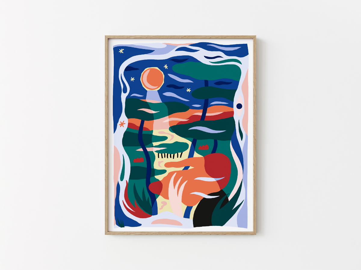 Illustration encadrée avec portrait abstrait aux couleurs bleu, rouge et orange