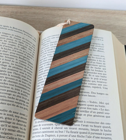 Marque-pages avec marqueterie de paille Bleue/marron/cuivre et Jaune/kaki