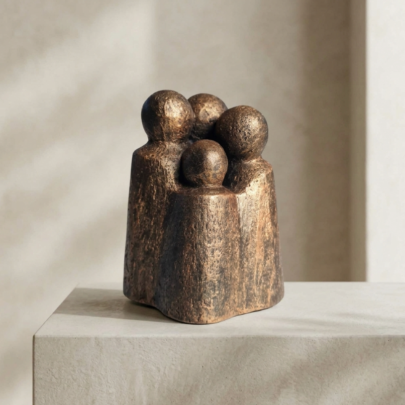 Sculpture contemporaine abstraite en bronze foncé sur socle clair, quatre figures