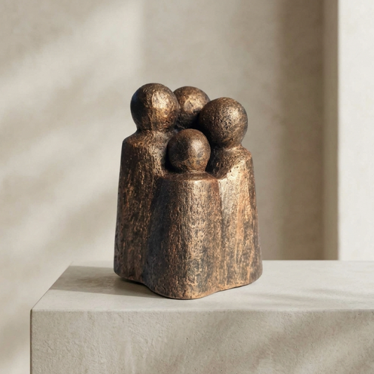 Sculpture contemporaine abstraite en bronze foncé sur socle clair, quatre figures