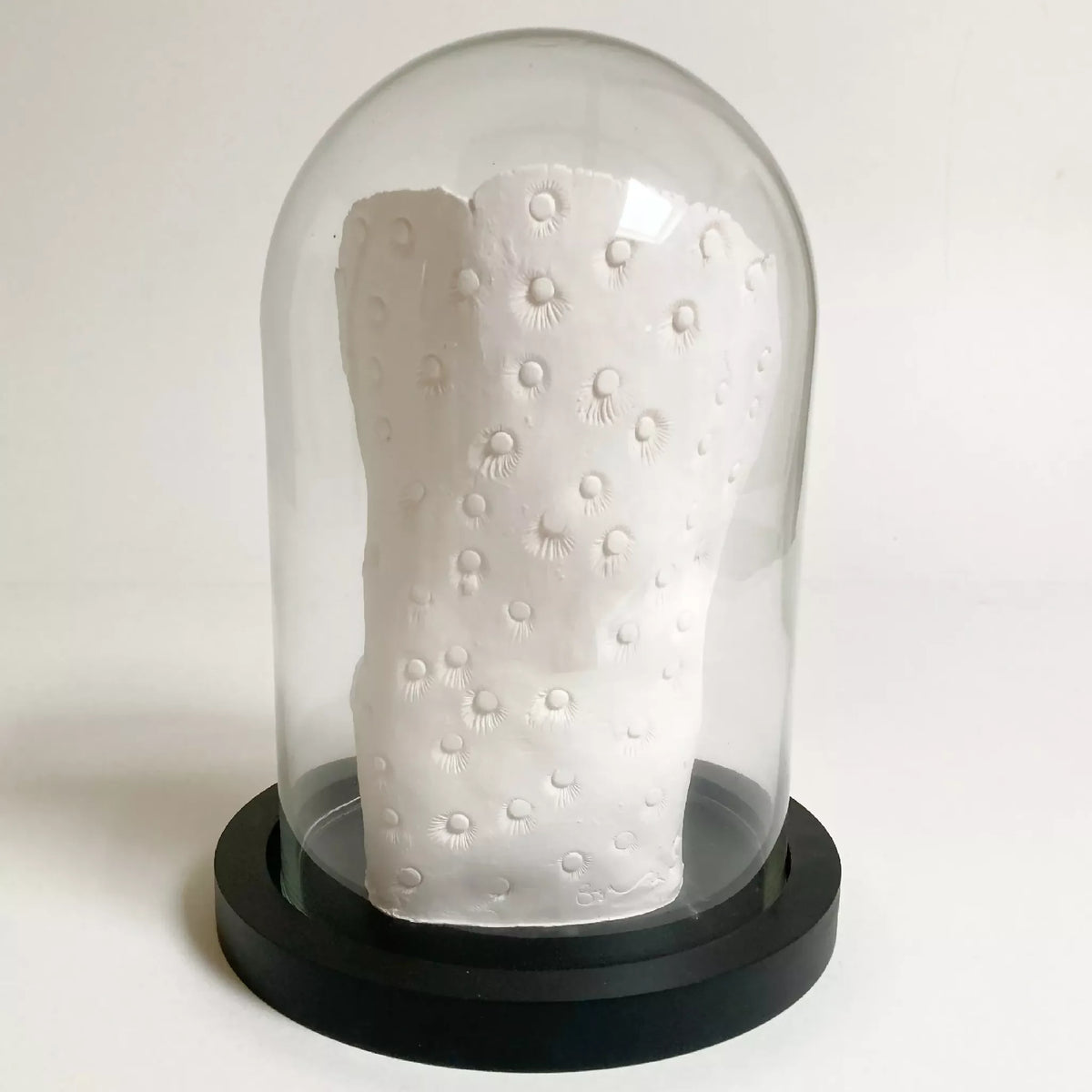 Sculpture femme à l’oiseau en relief, vue arrière texturée sous cloche, blanche