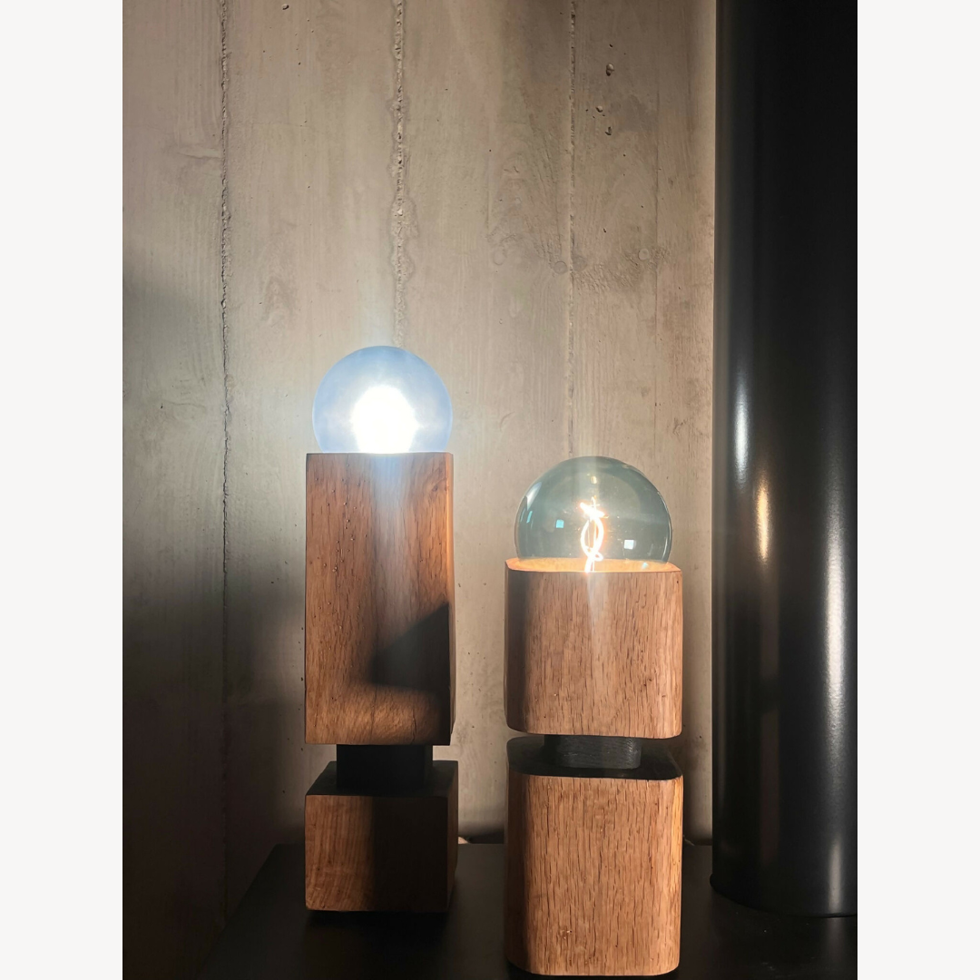 Paire de sculptures lumineuses en bois, globes lumineux sous cloches en verre