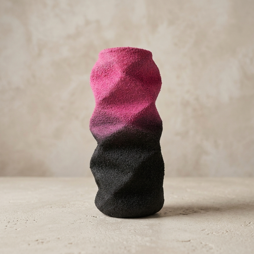 Petite sculpture abstraite bicolore rose et noire, surface texturée.
