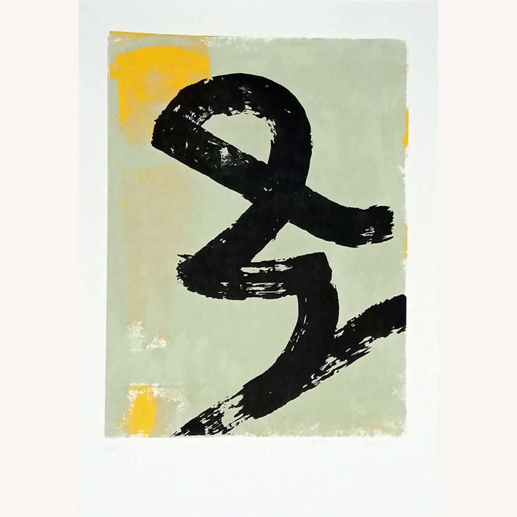 Sérigraphie originale « Scribouilli #01 » : fond vert clair, signe noir à l’encre, touches jaunes.