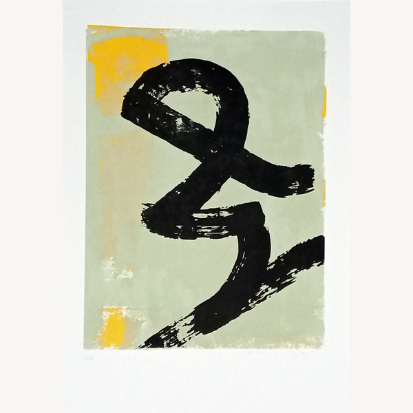 Sérigraphie originale « Scribouilli #01 » : fond vert clair, signe noir à l’encre, touches jaunes.