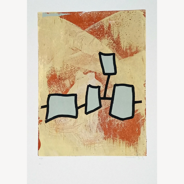 Sérigraphie originale formes géométriques bleu clair, traits noirs, fond beige et orange