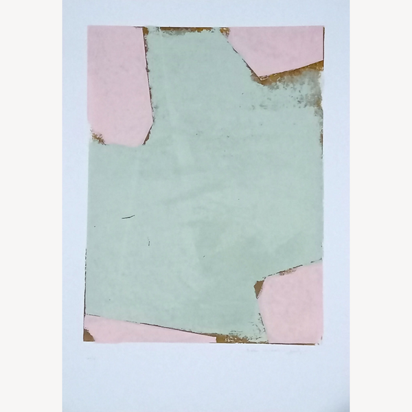 Sérigraphie originale motif fenêtre brisée bleu-vert et rose, bords irréguliers