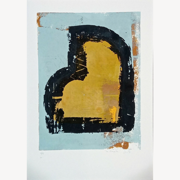Sérigraphie originale abstraite, formes noires et jaunes sur fond bleu