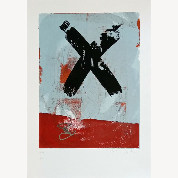 Sérigraphie originale abstraite, grand X noir sur fond bleu et aplats rouges