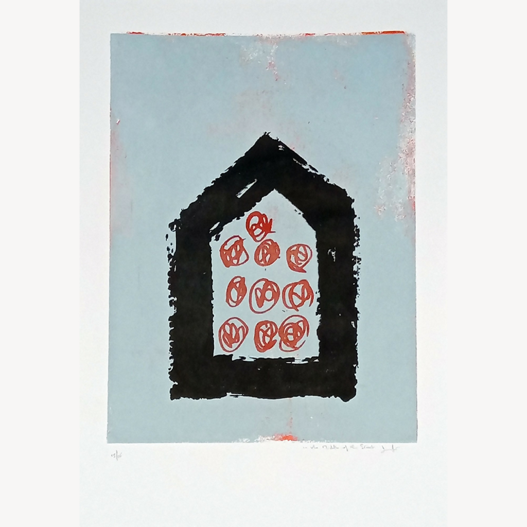 Sérigraphie originale : maison noire avec motifs rouges sur fond bleu clair