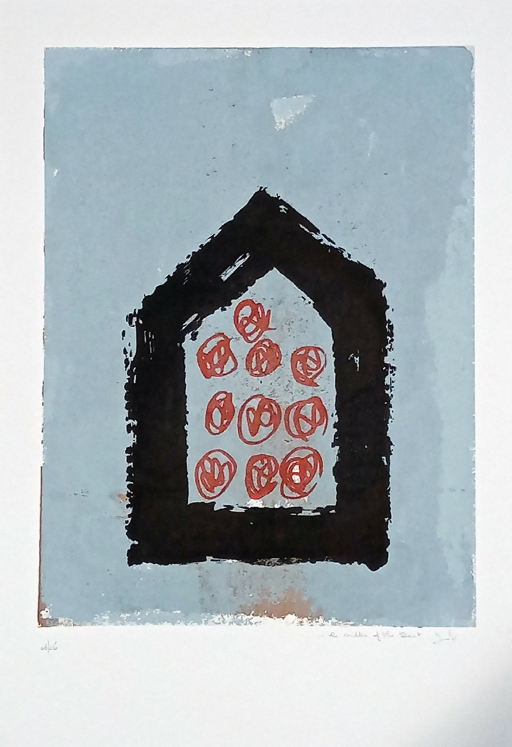 Sérigraphie originale représentant une maison noire et des motifs rouges sur fond bleu