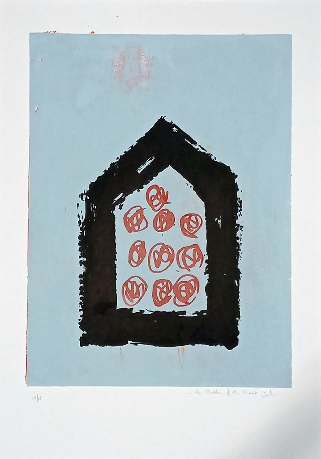 Sérigraphie originale : silhouette de maison noire, motifs rouges, fond bleu clair