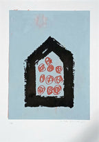Sérigraphie originale : silhouette de maison noire, motifs rouges, fond bleu clair