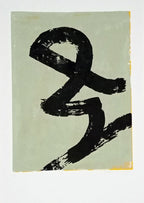 Sérigraphie originale « Scribouilli #01 » : fond vert clair, rehauts jaunes, grand signe noir.