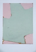 Sérigraphie originale motif fenêtre brisée vert d’eau et rose, bordure ébréchée