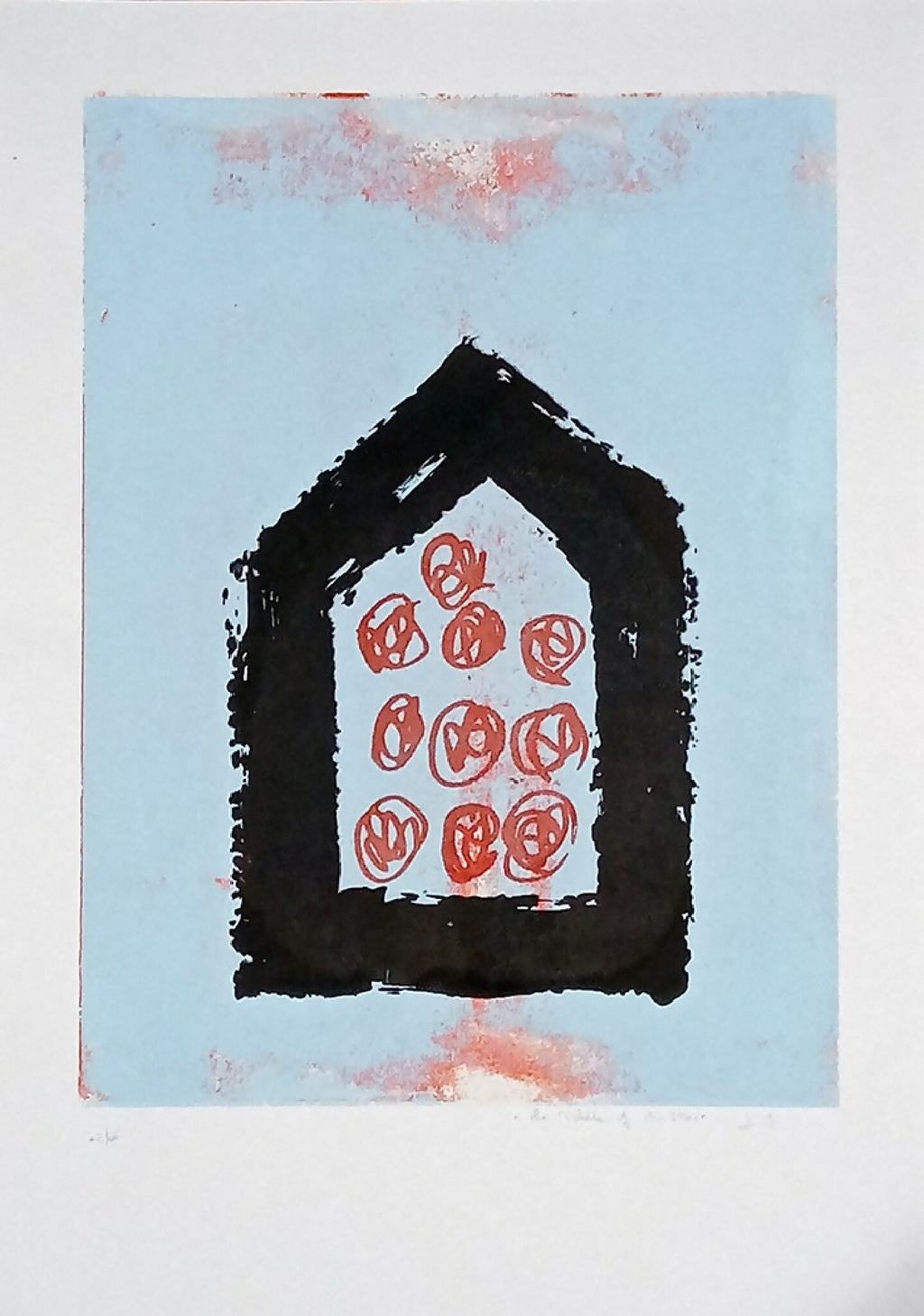 Sérigraphie originale : maison noire et motifs rouges sur fond bleu ciel, impression contrastée