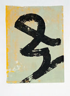 Sérigraphie originale « Scribouilli #01 » : fond vert pâle, rehauts jaunes, signe noir à l’encre.
