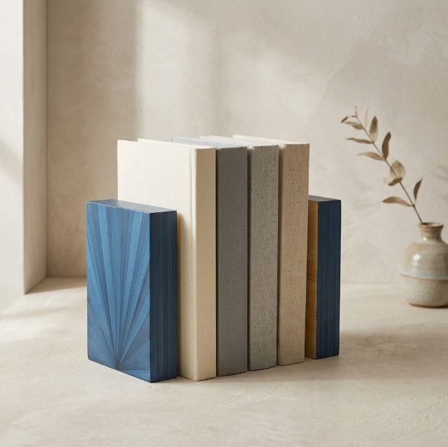 Duo de Serre-livres avec Marqueterie de paille bleue