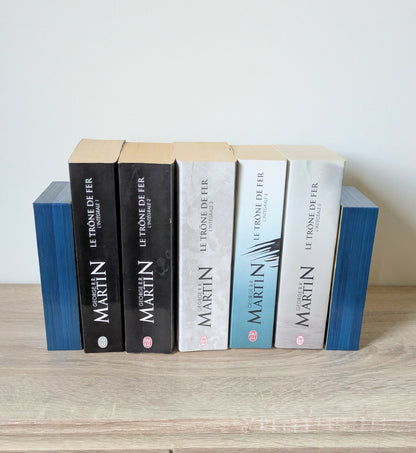 Serre-livres duo bleus et clairs en marqueterie de paille, disposés avec des livres