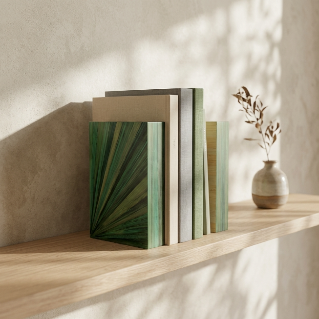 Duo de Serre-livres avec Marqueterie de paille verte