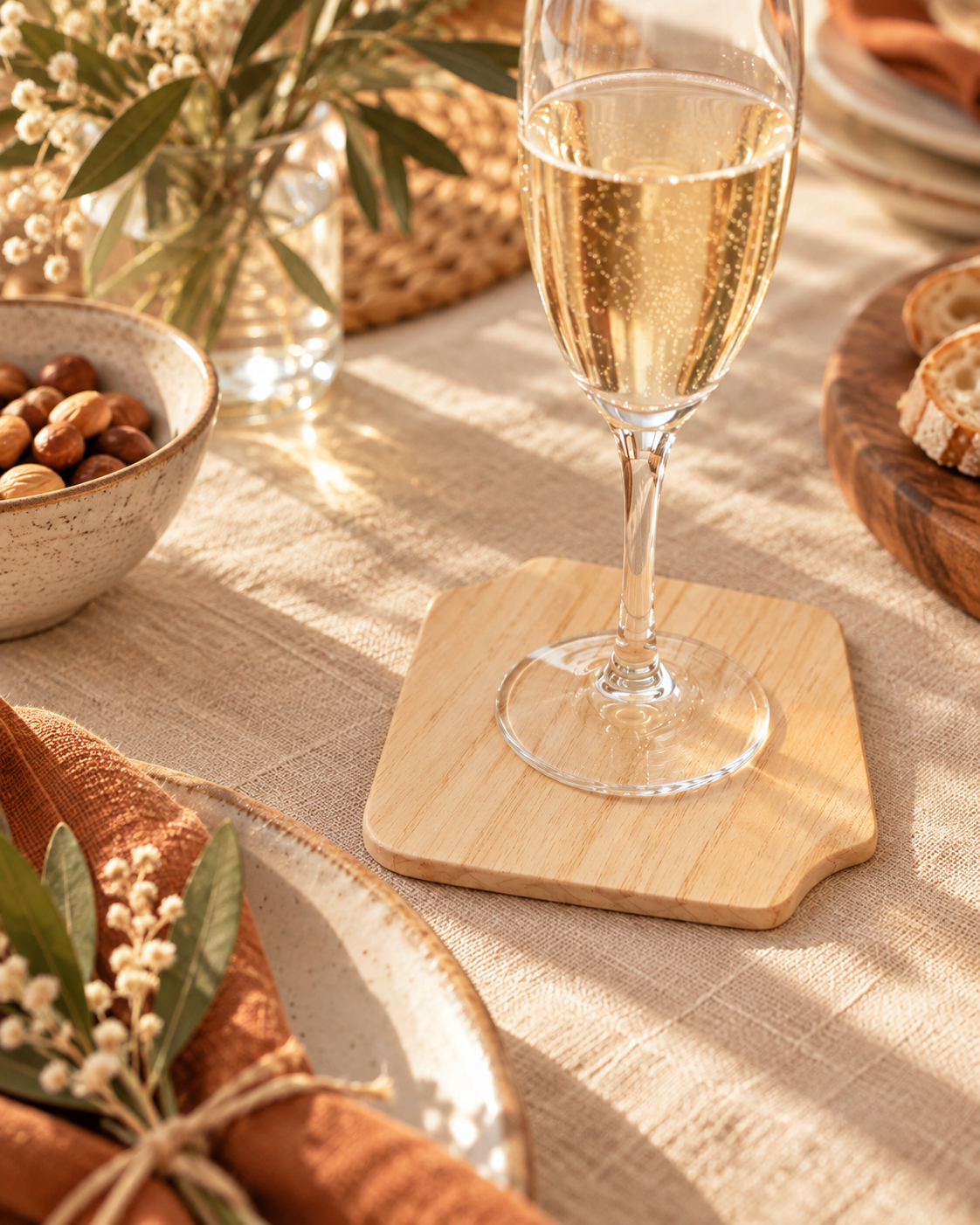 Sous-bock TOSTI en bois de NOVA LINIO, mise en scène sur table