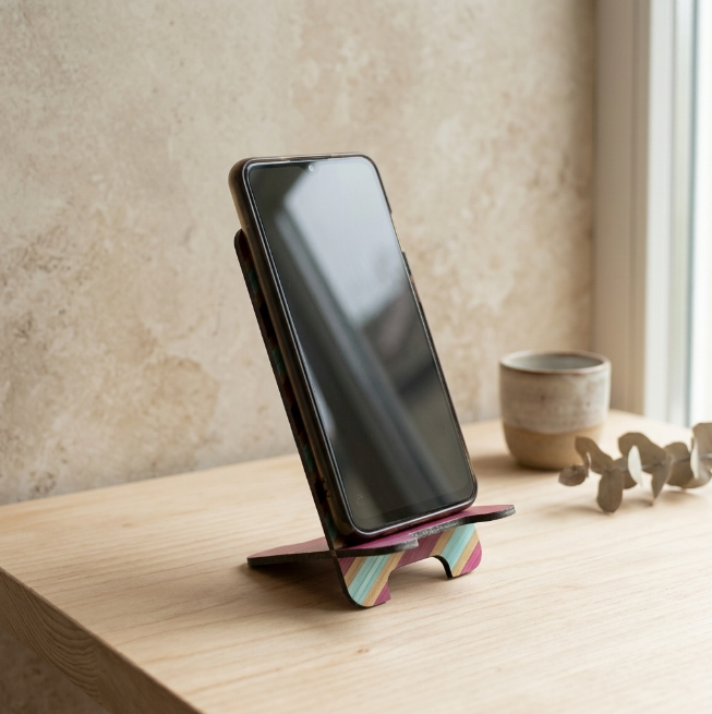 Support téléphone avec marqueterie de paille Bordeaux turquoise et dorée