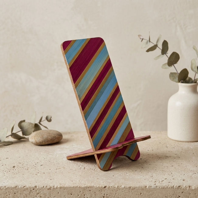 Support téléphone avec marqueterie de paille Bordeaux turquoise et dorée
