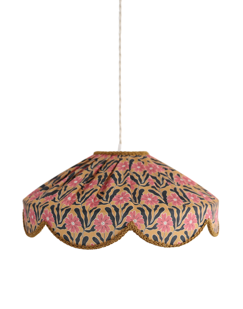 Abat-jour de suspension festonné en tissu floral Goa, bord doré, motifs roses et bleus.