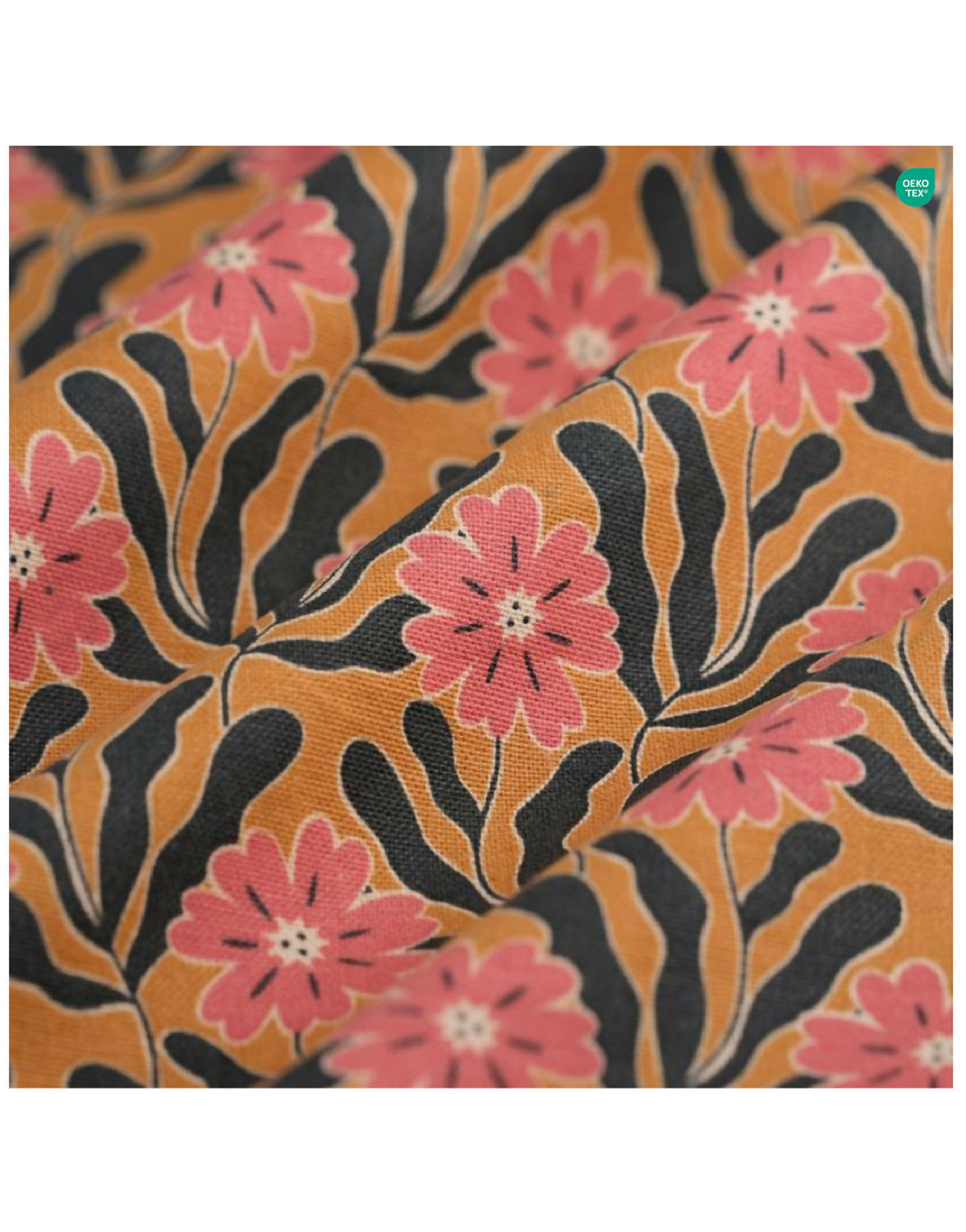 Tissu floral de l’abat-jour : fleurs roses sur fond sombre, motifs botaniques détaillés.
