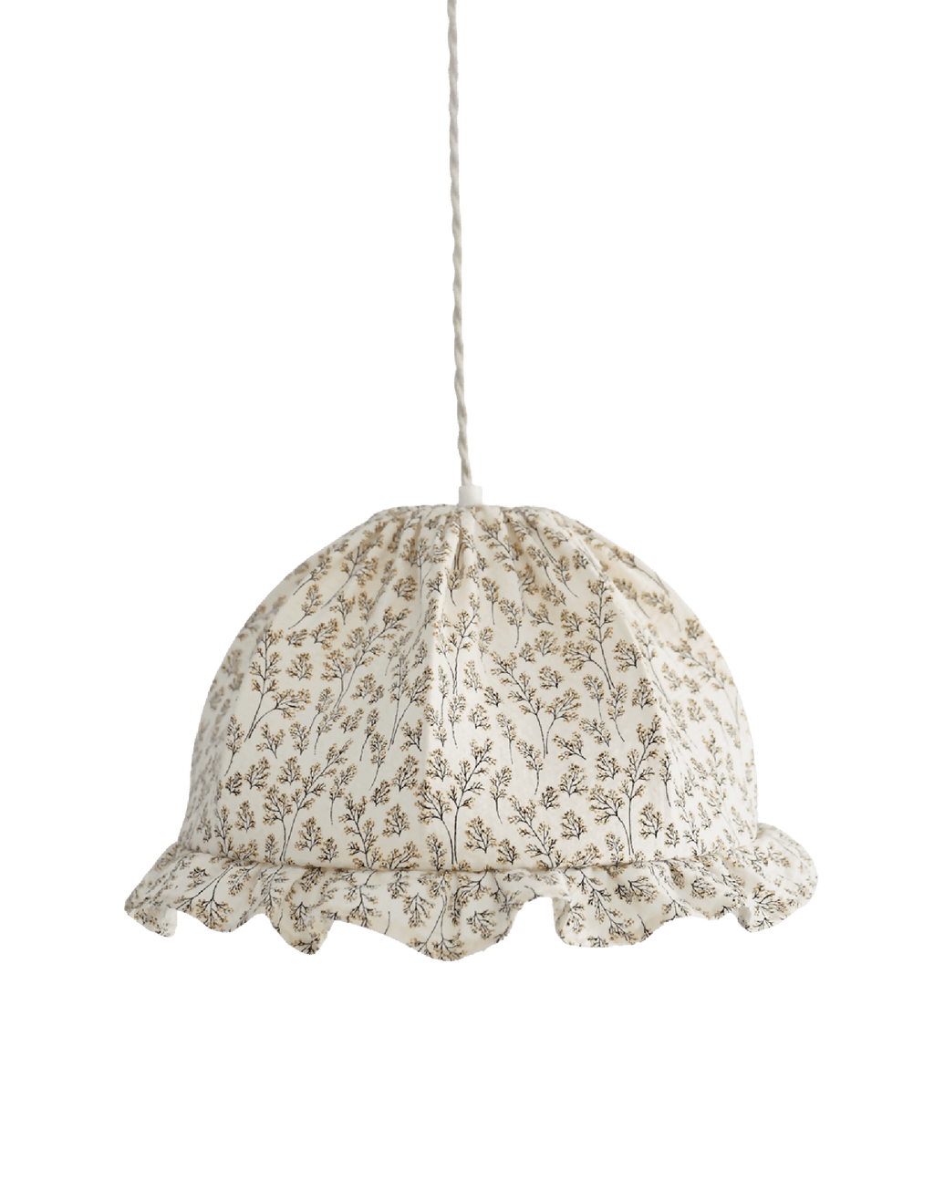 Suspension dôme arrondi en tissu beige à imprimé brindilles, volants en bas