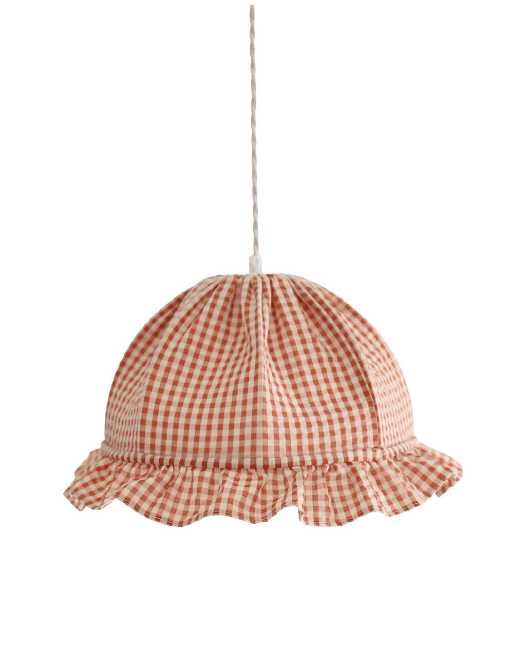 Suspension dôme en tissu à carreaux vichy orange et blanc, volant périphérique.