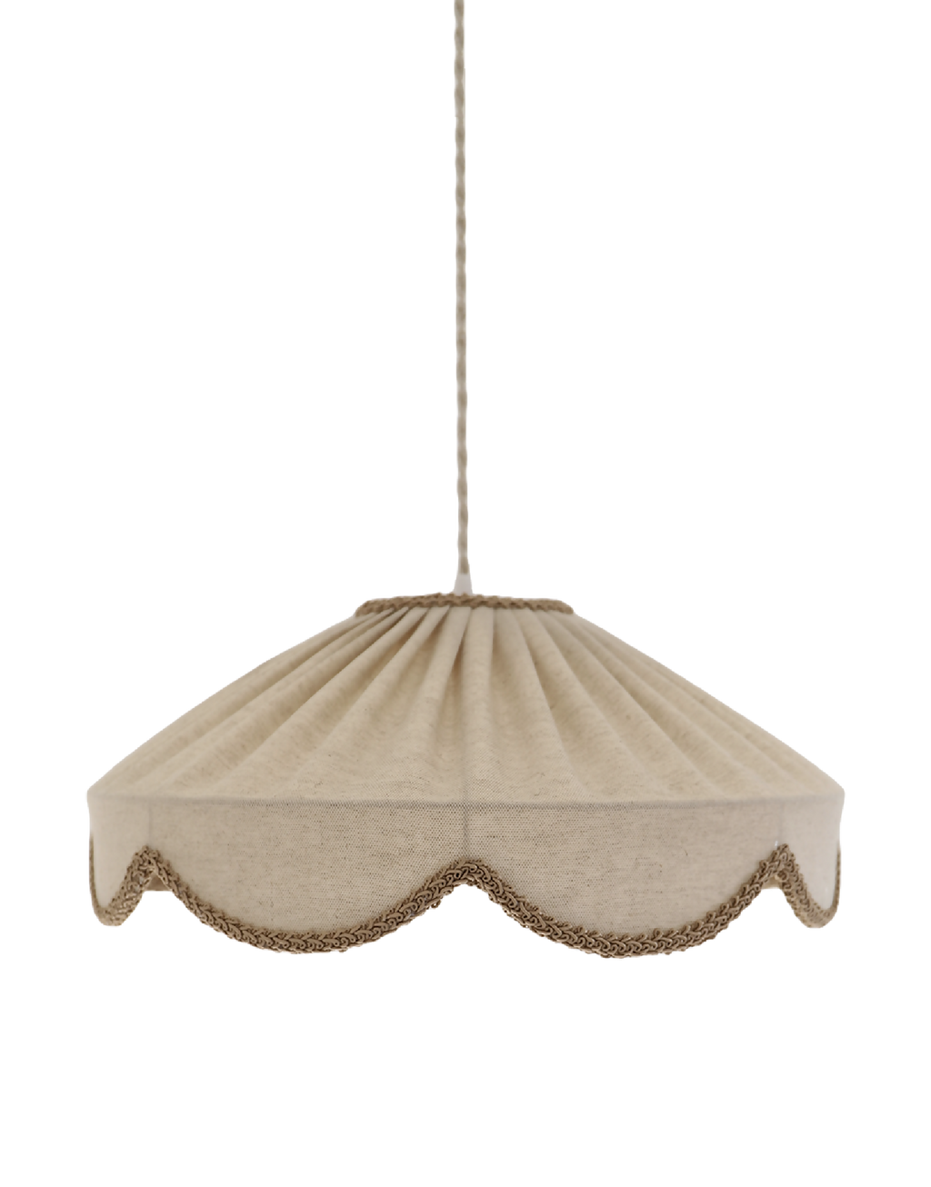 Suspension d’abat-jour en tissu beige à bords festonnés et liseré brun