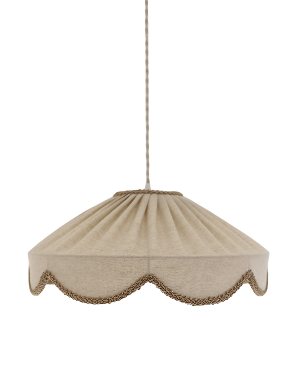 Suspension d’abat-jour en tissu beige à bords festonnés et liseré brun